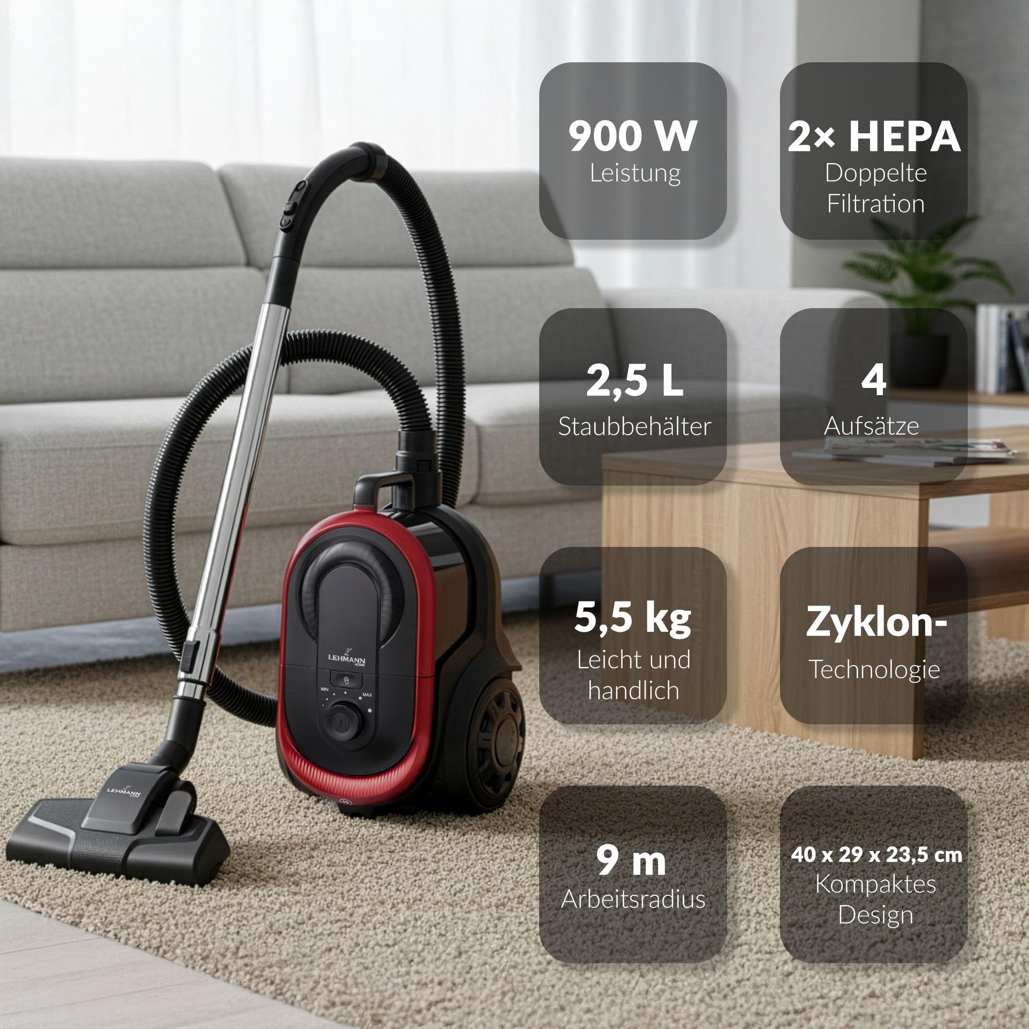 lehmann-zyklon-staubsauger-beutellos-900w-schwarz-rot-hepa image 4