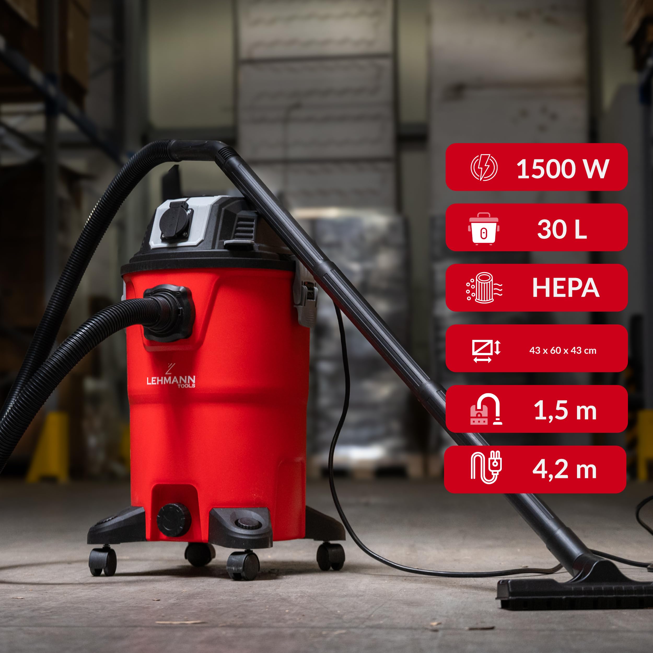 lehmann-industriestaubsauger-30l-2000w-rot-steckdose-hepa image 4